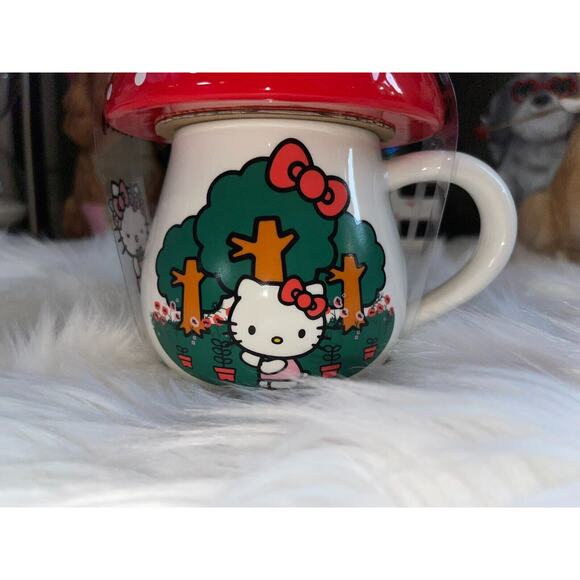 Sanrio Hello Kitty Mushroom Ceramic Mug with Lid 16 oz Cottage Core RED - Picture 2 of 8